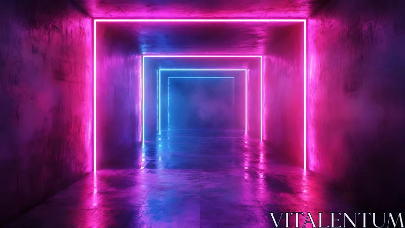 Neon-lit reflective corridor with magenta and cyan rectangular frames