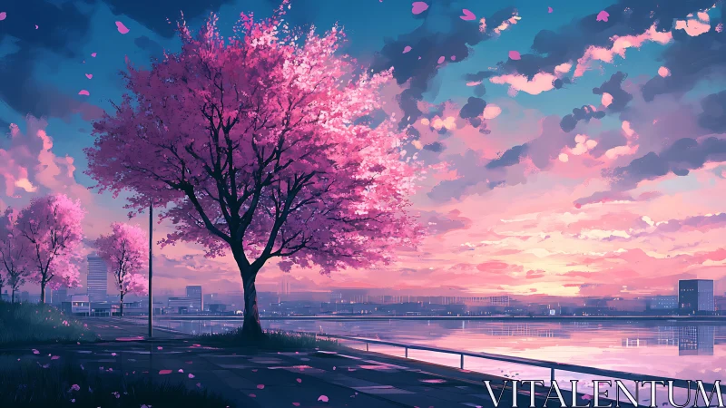 Soft pastel evening under riverside cherry blossoms.