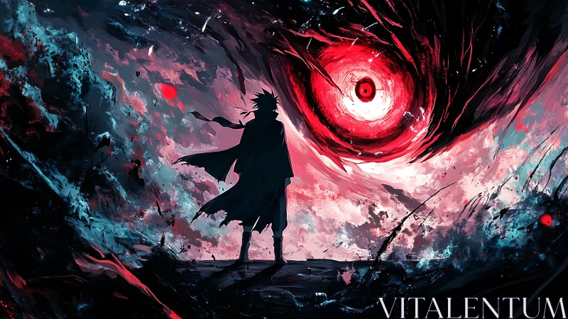 Silhouetted figure under swirling red vortex in sky.