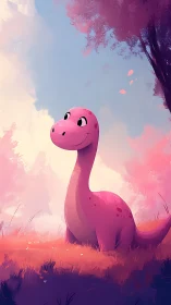 Pink cartoon dinosaur in pastel landscape under blue sky.
