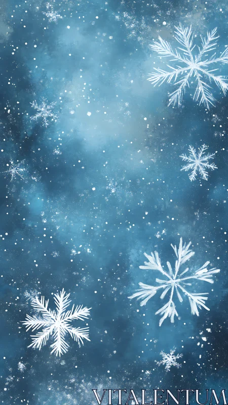 Snowflake pattern over deep blue winter watercolor sky.