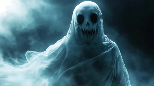 Eerie ghostly figure rises from swirling mist and shadows