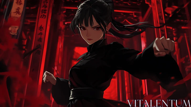 Martial artist executes punch in high-contrast red shrine corridor