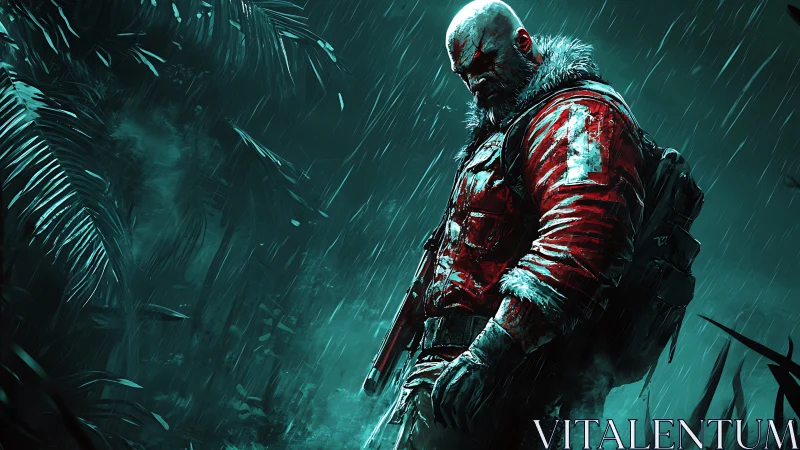Bloodied soldier in red coat under torrential jungle rain.