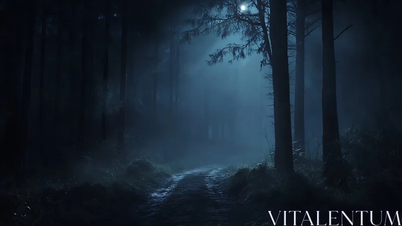 Moonlit Forest Path Wrapped in Mystical Mist