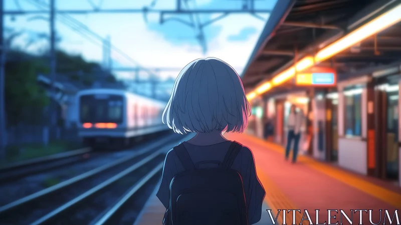 Quiet evening train platform with a thoughtful young traveler.