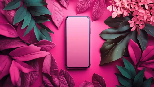 Smartphone Mockup Surrounded by Vibrant Pink Botanical Elements.