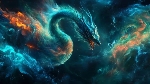 Celestial serpent of fire and ice coils through cosmic storm