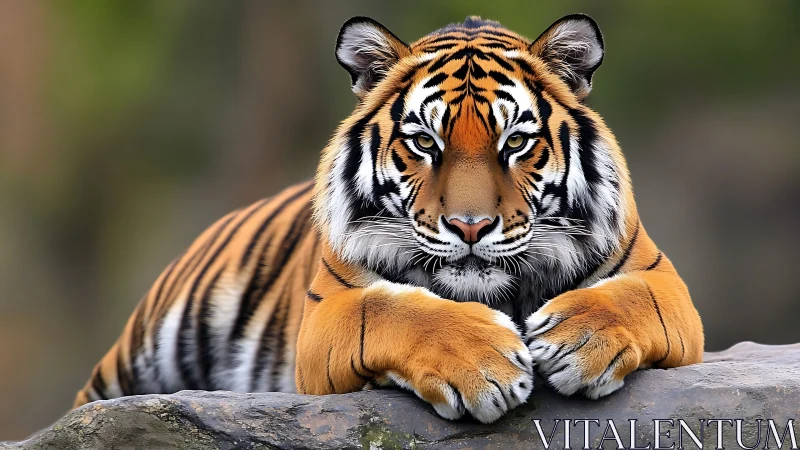 Photorealistic tiger portrait with shallow depth-of-field focus.