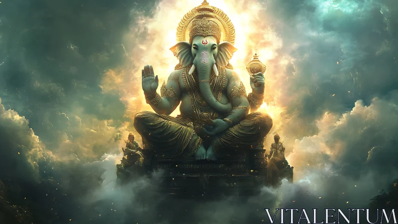 Divine Ganesha deity seated in radiant celestial clouds