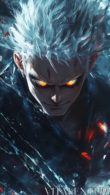 Energetic anime portrait shows glowing eyes and turbulent ice aura
