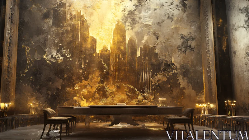 Gilded council hall before a crumbling golden metropolis.