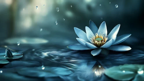 Serene cyan waterlily renders delicate ripples in soft rain