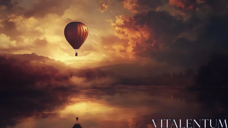 Solitary hot air balloon drifts over misty river at dusk