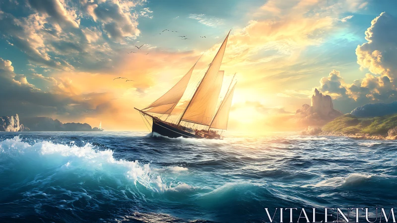 Sunlit sailboat cutting through vibrant ocean waves.