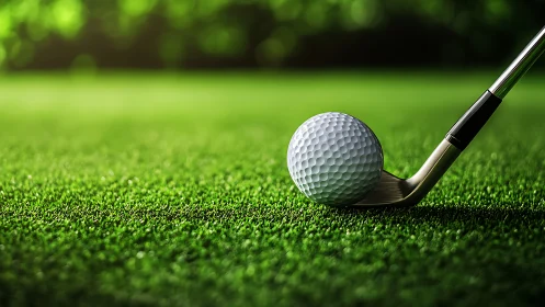 Golf ball rests near iron club on vivid green fairway