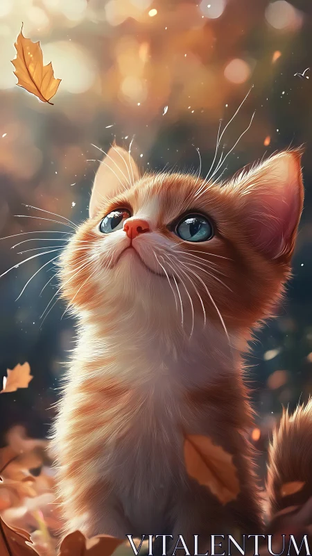 Orange and White Cat with Blue Eyes Gazing at Falling Autumn Leaves