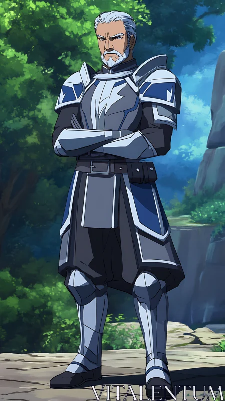 Seasoned silver knight standing guard in sunlit forest.