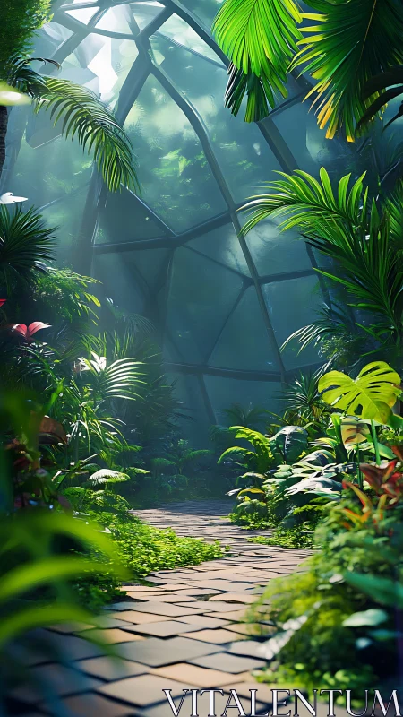 Sunlit tropical greenhouse path curves beneath glass dome