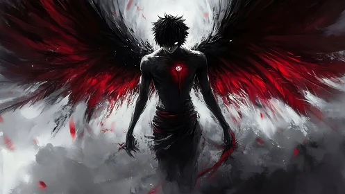 Winged humanoid silhouette stands in red and black clouds