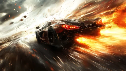 Fire‑tailed hypercar storms a rain‑slick apocalypse highway.