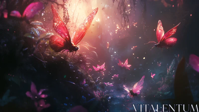 Pink glowing butterflies hover above luminous forest stream