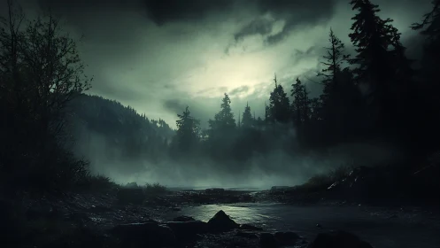 Moody foggy forest river under overcast night sky.