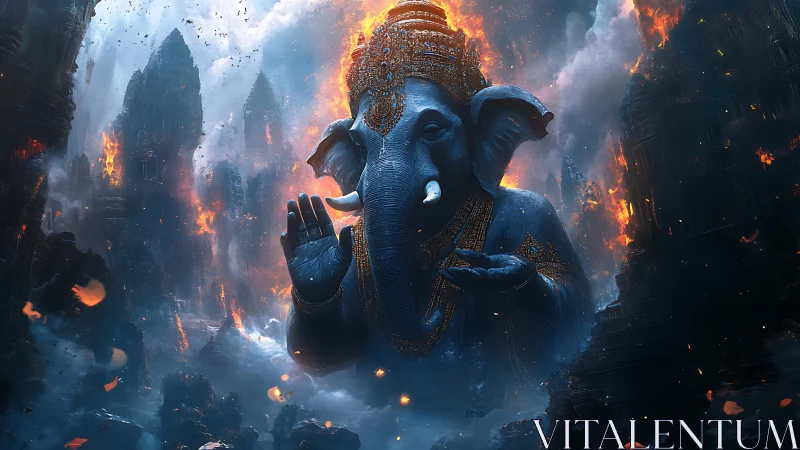Gigantic elephant deity over burning fantasy temples.