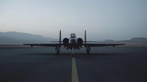 Twin-engine jet aircraft rests centered on empty runway