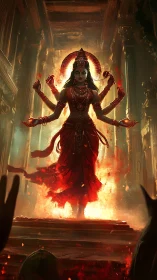 Divine multi-armed goddess rising amid temple inferno.