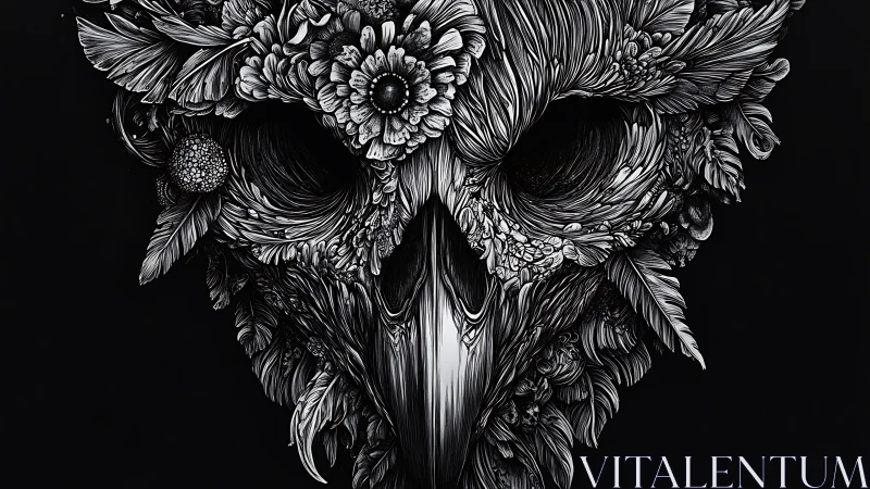 Floral raven skull illustration with ornate monochrome detail.