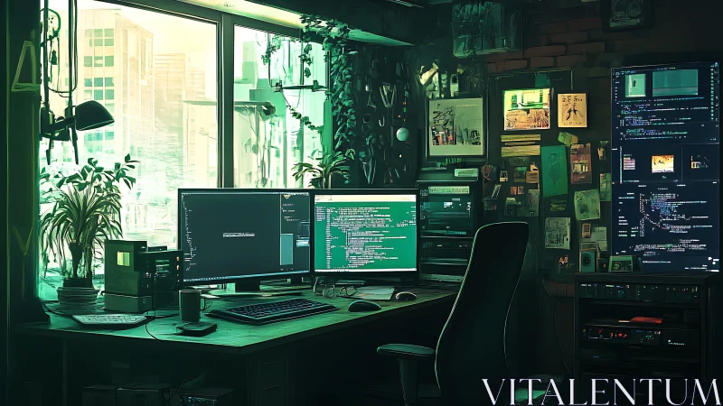 Multi-monitor coding workstation in dense urban office.