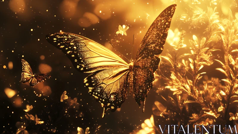 Golden butterflies drifting through a dreamy twilight glow.