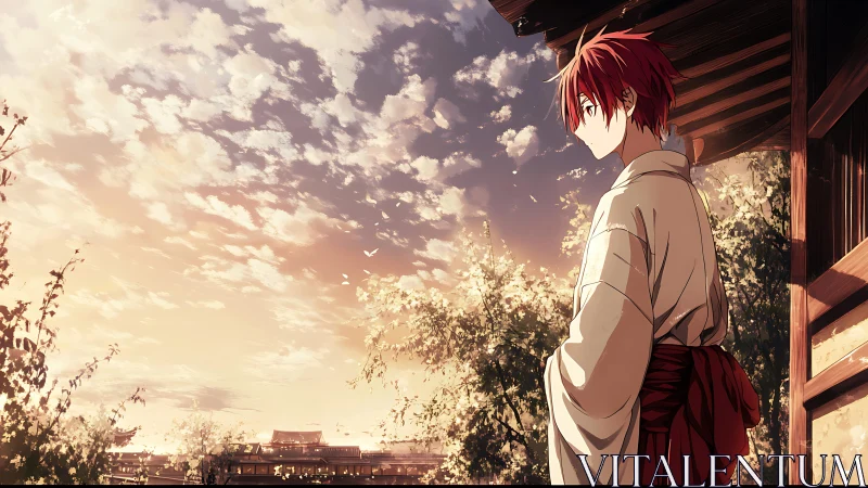 Sunset quietude with red haired wanderer on wooden porch.