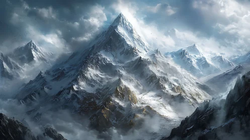 Snow-covered mountain range rises through dense swirling clouds