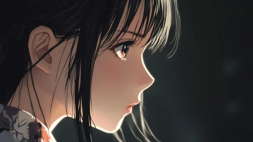 Side-lit anime girl profile glows in soft warm light.