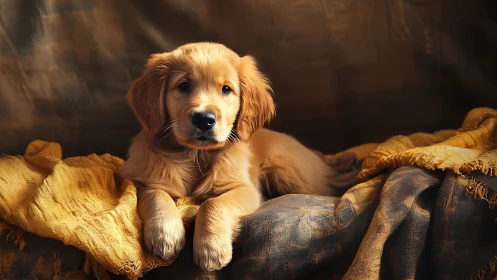 Golden puppy resting softly on cozy patterned blankets.