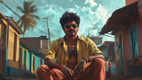 Street portrait of confident man in colorful urban alley.