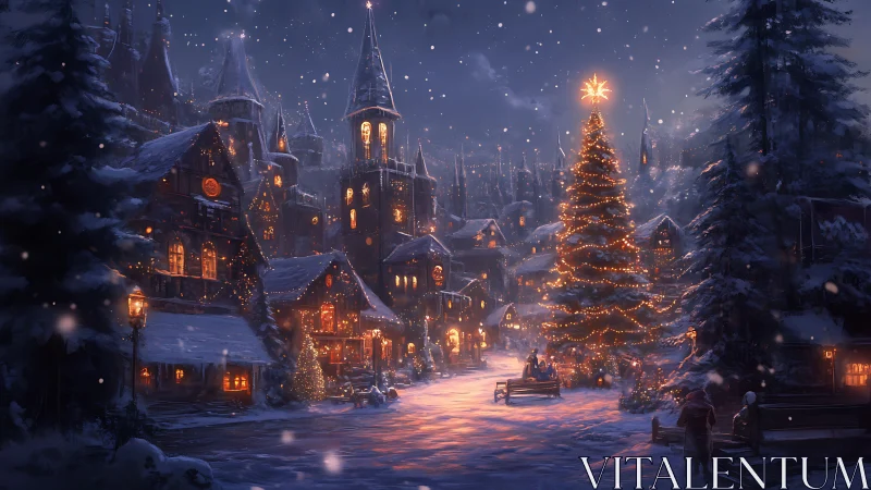 Snowlit village glows around a towering, spellbound Christmas tree.