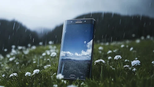 Curved smartphone reflects stormy meadow under falling rain.