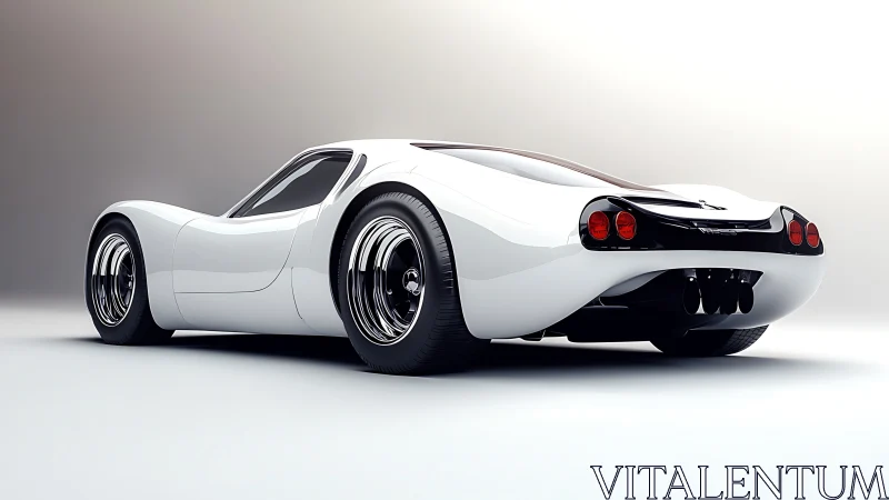 Streamlined white supercar with retro-futuristic rear profile.