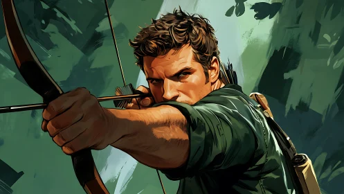 Focused archer draws bowstring in stylized green forest