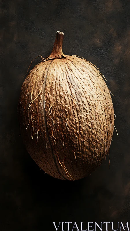 Whole brown coconut against dark textured background.