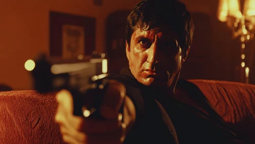 Gunmetal glare in a crimson room of simmering reckoning.