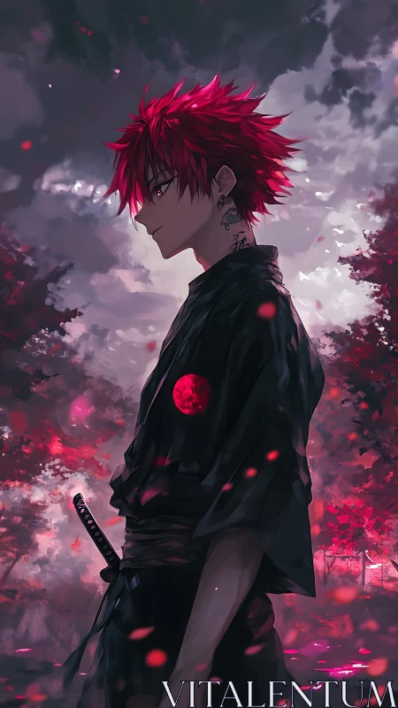 Crimson moon ronin amid storm-torn sakura dusk.