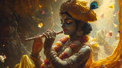 Divine flute player in golden garlands and swirling petals.