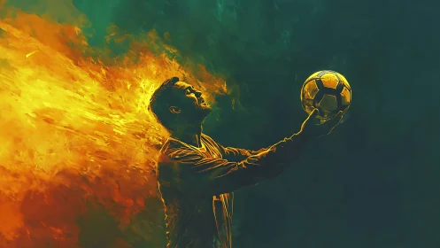 Flaming resolve crowns a lone footballer in glowing motion