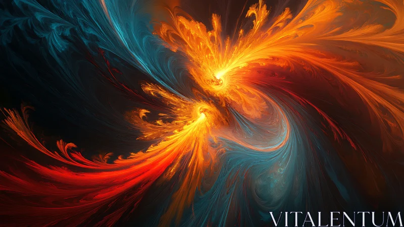 Celestial firestorm swirls where molten suns collide in silence.