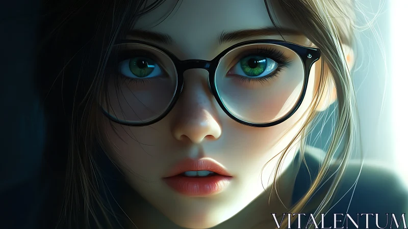 Hyperreal digital portrait of green-eyed girl with glasses.