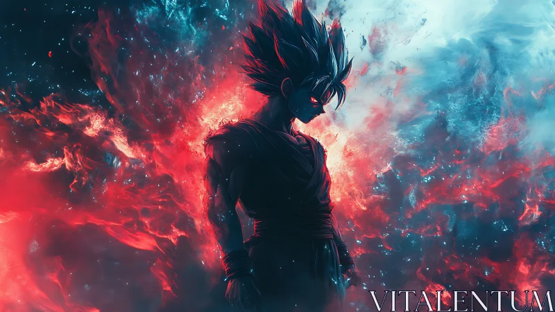 Stormlit warrior wrapped in electric red and blue fire.